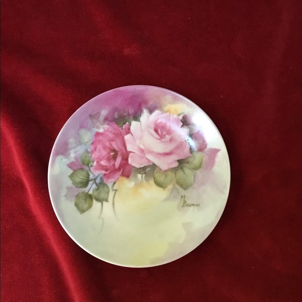 Sweet Small German Handpainted Trinket Dish. Pink and Red Roses.